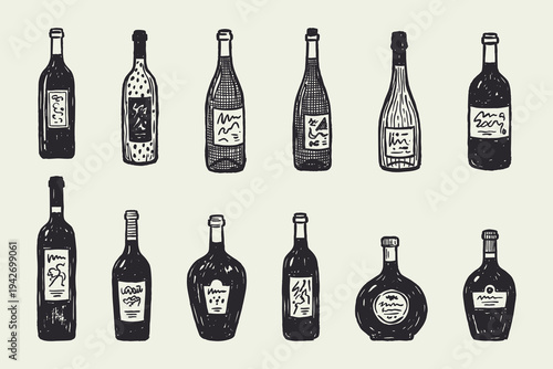 Hand Drawn Assorted Wine and Liquor Bottles Sketch Set