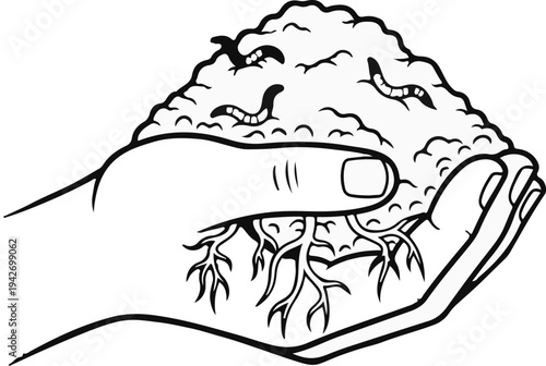A cupped hand holds a pile of soil with roots and worms
