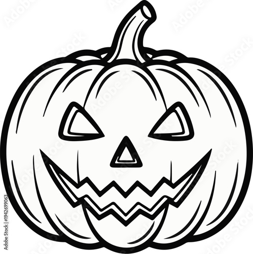 A black and white line drawing of a grinning jack-o'-lantern with triangular eyes and nose