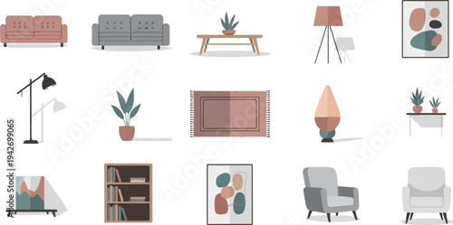 A curated collection of modern home decor items, including furniture, lamps, plants, and art