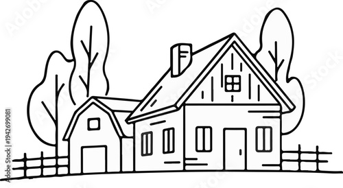 A simple line drawing depicts a charming rural home with trees and a fence