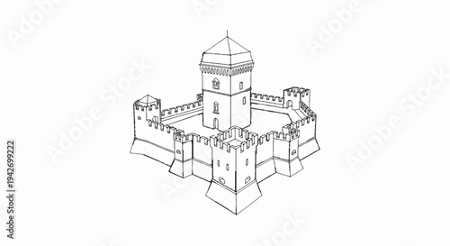 A stark, black and white line drawing of a fortified medieval castle complex