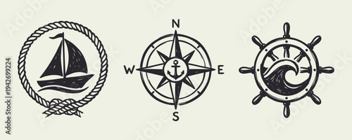 Vintage Nautical Sailboat Compass and Helm Icons