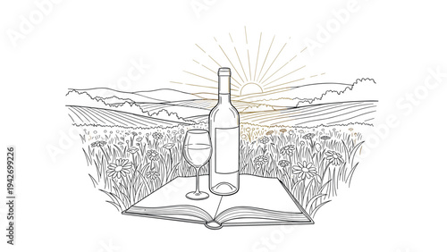 Wine and literature in a scenic meadow with sunset