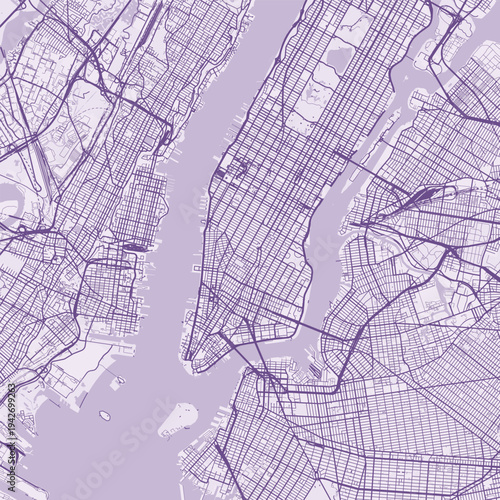 New York City Map Sophisticated Geometric Urban Topography Featuring Meticulous Linework and Balanced Composition in a Timeless Minimalist Soft Lavender Blueprint Aesthetic for Art Display.