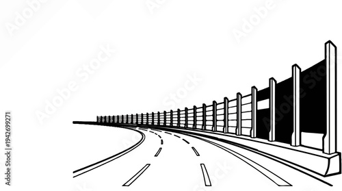 A stark, graphic illustration of a highway curving towards the horizon with a sound barrier
