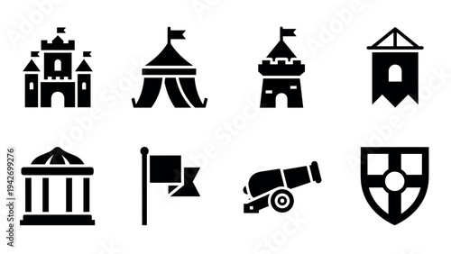 Medieval icons set: castles, tents, shields, and cannons