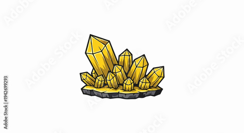 A cluster of yellow, faceted crystals grows from dark, rocky ground