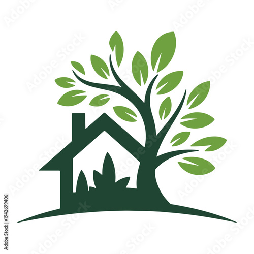 A stylized illustration of a house and tree symbolizing harmony between home and nature
