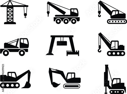 Crane and excavator construction machinery silhouette icon set including mobile crane, crawler excavator and lifting equipment, heavy industry vector symbols for building projects
