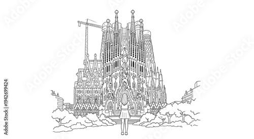 Girl admiring iconic barcelona cathedral: detailed line art of sagrada familia