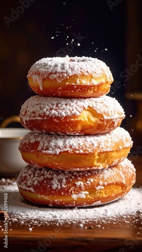A tower of donuts dusted with powdered sugar, ready to be eaten
