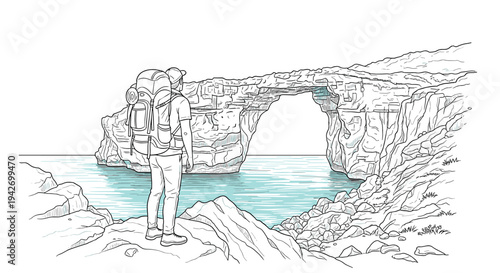 Traveler with backpack exploring natural rock arch by the sea in linear style