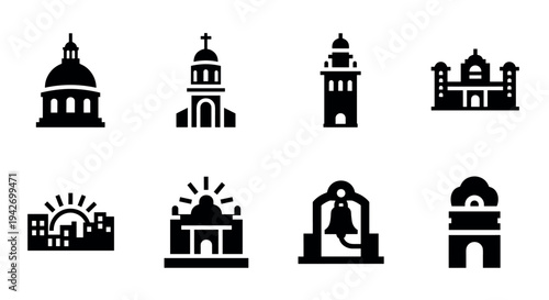 Historic monument silhouettes set in black and white icons