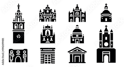 Silhouette icons of historical architectural landmarks in classic black and white