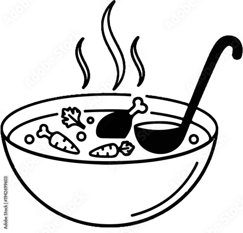 A steaming bowl of chicken soup with carrots and a ladle