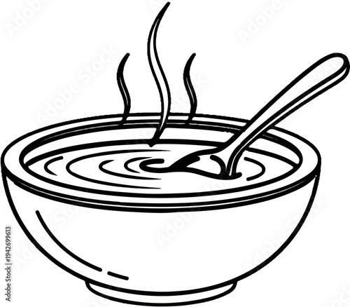 A steaming bowl of soup with a spoon rests on a white background
