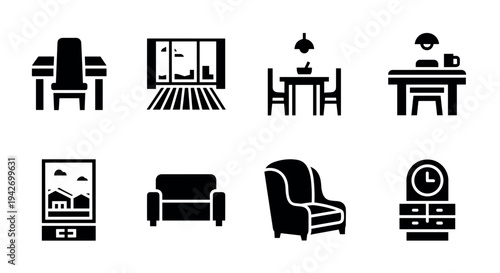 Modern home furniture icons set featuring minimalist black silhouettes