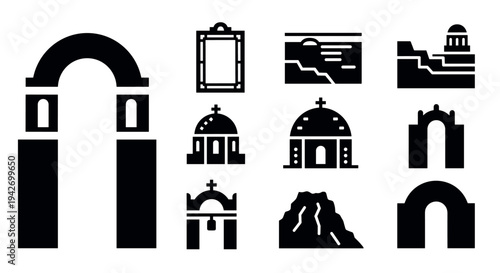 Silhouette icons of ancient architecture and landmarks in black and white