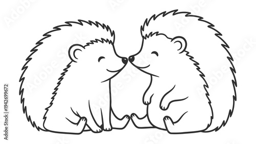 Affectionate Hedgehog Illustration: Charming illustration features two hedgehogs nose to nose, evoking feelings of fondness and connection, perfect for conveying themes of love and companionship.