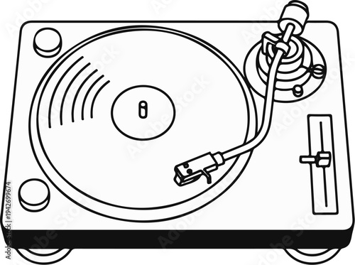 A black and white line drawing of a turntable