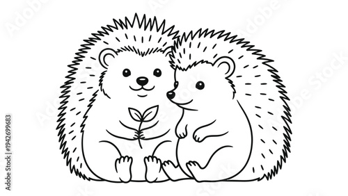 Delightful Hedgehog Duo: Two adorable hedgehogs are shown in a heartwarming embrace, holding a small sprig, symbolizing the essence of affection and connection.