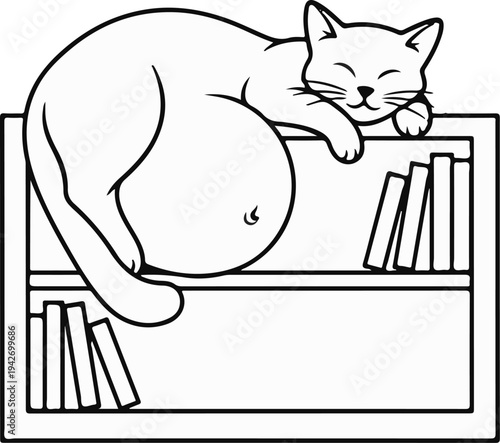 A cartoon cat sleeps soundly on a bookshelf, surrounded by books
