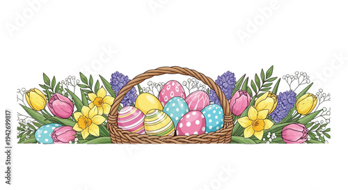 Colorful Easter eggs in a woven basket surrounded by vibrant spring flowers vector illustration