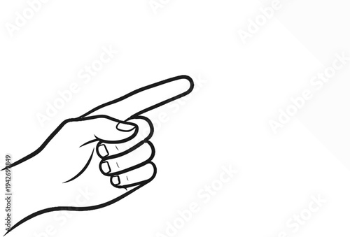 A black and white outline drawing of a hand pointing to the right