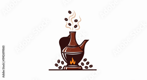 A coffee pot with beans and steam, with fire underneath, illustrated