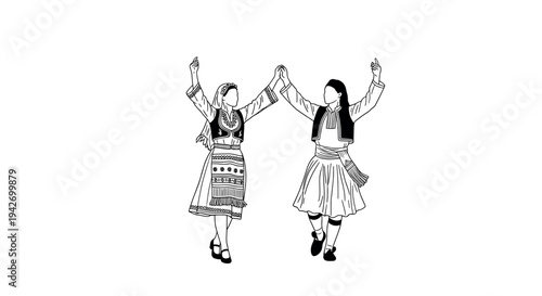 Traditional dance celebration: two women in folk costumes holding hands