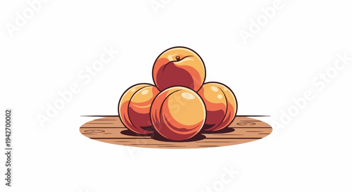 A pile of ripe, orange-red peaches rests on a wooden surface
