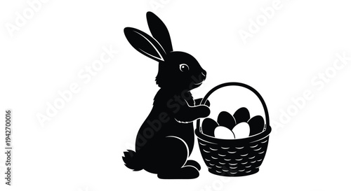 Black silhouette vector graphic illustration of an Easter bunny holding a basket full of eggs