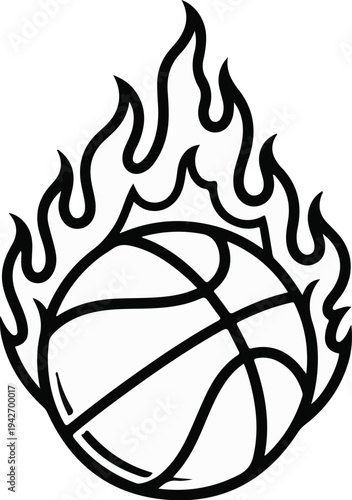A black and white outline illustration of a basketball engulfed in flames