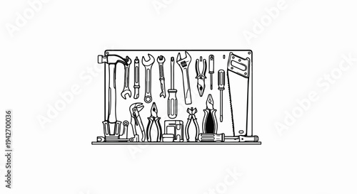 A black and white line drawing of various hand tools arranged neatly on a white background