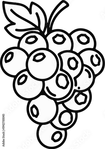A simple line drawing of a bunch of grapes with leaves