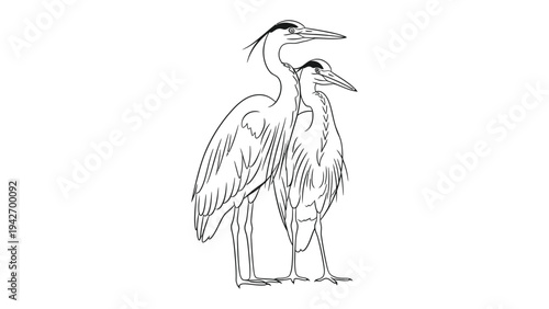 Elegant Heron Duo: A minimalist line drawing captures the graceful silhouette of two herons, their long necks and beaks creating a study in serene nature.