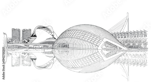 Architectural landmark reflection: detailed linear art of a futuristic cityscape