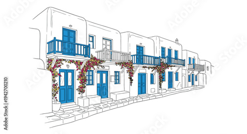 Charming greek island street with traditional white buildings and blue accents
