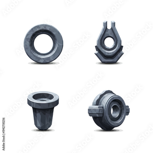 Set of Four Industrial Metal Parts Isolated on White Background.