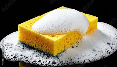 Yellow sponge with bubbly soap on a black background