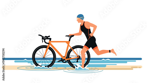 Triathlete transitioning from swim to cycle on beach shoreline