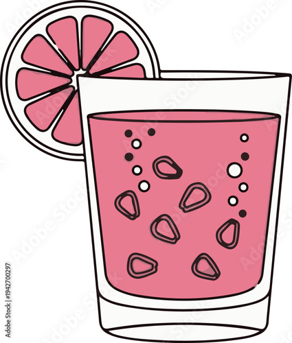 A pink beverage in a clear glass with a grapefruit slice garnish