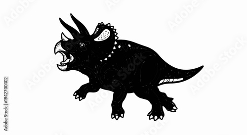 A black and white sketch of a prehistoric creature with three horns