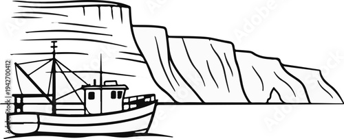 A simple line drawing of a fishing boat on water by a rugged cliffside