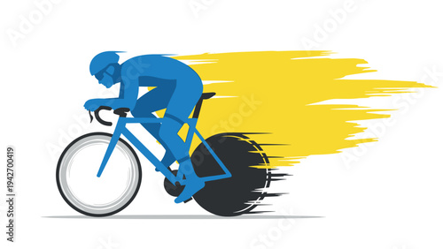 Dynamic cyclist in motion with yellow speed trail on white background