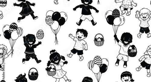 Diverse group of happy children celebrating an Easter holiday with balloons and decorated eggs