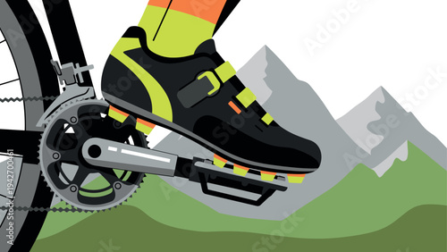 Mountain biking adventure with cyclist's shoe on pedal and scenic background