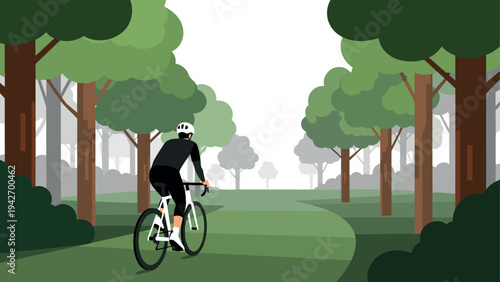 Cyclist riding on tree-lined path in tranquil forest setting