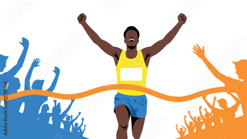 Champion runner crossing finish line in vibrant crowd silhouette art